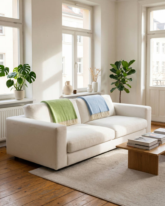 Leichte Decken aus Merinowolle | Hellblau & Grün
